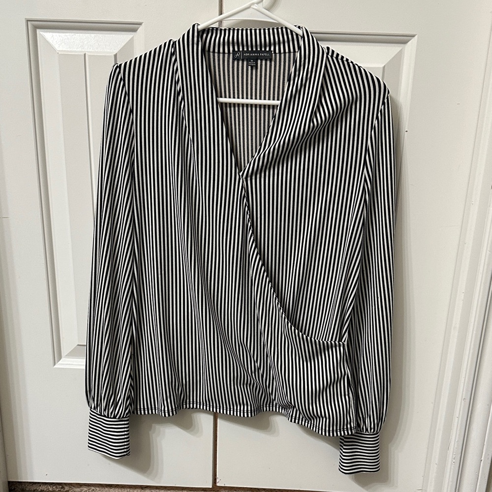 Adrianna Papell Black and White Vertical Stripe Wrap Blouse